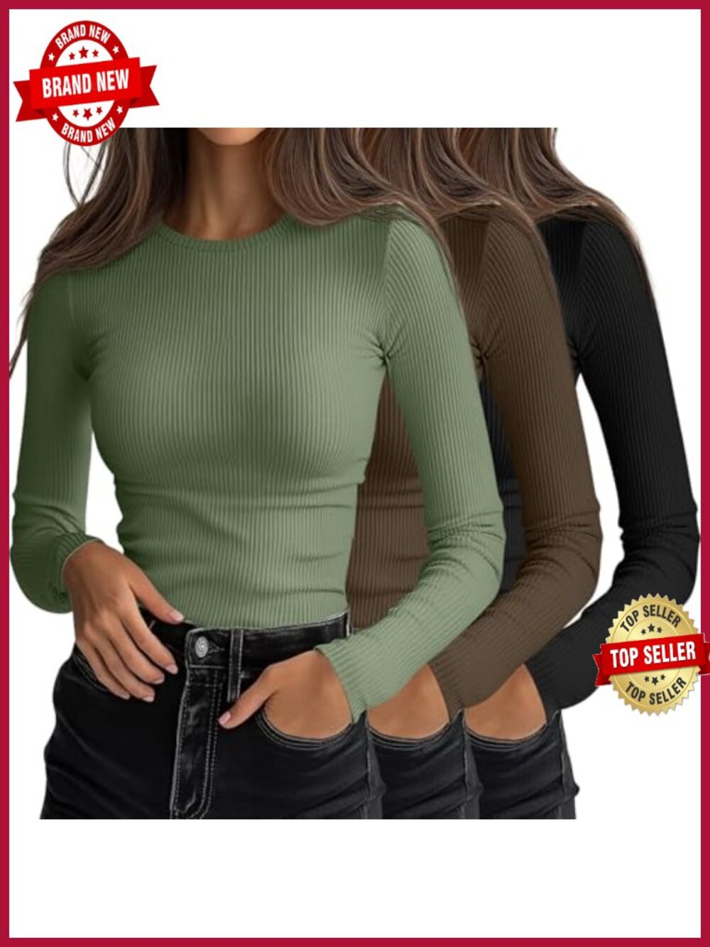 3 Pack Women's Ribbed Long Sleeve Shirts Slim Fit Crew Neck Knit Tops - Picture 1 of 6